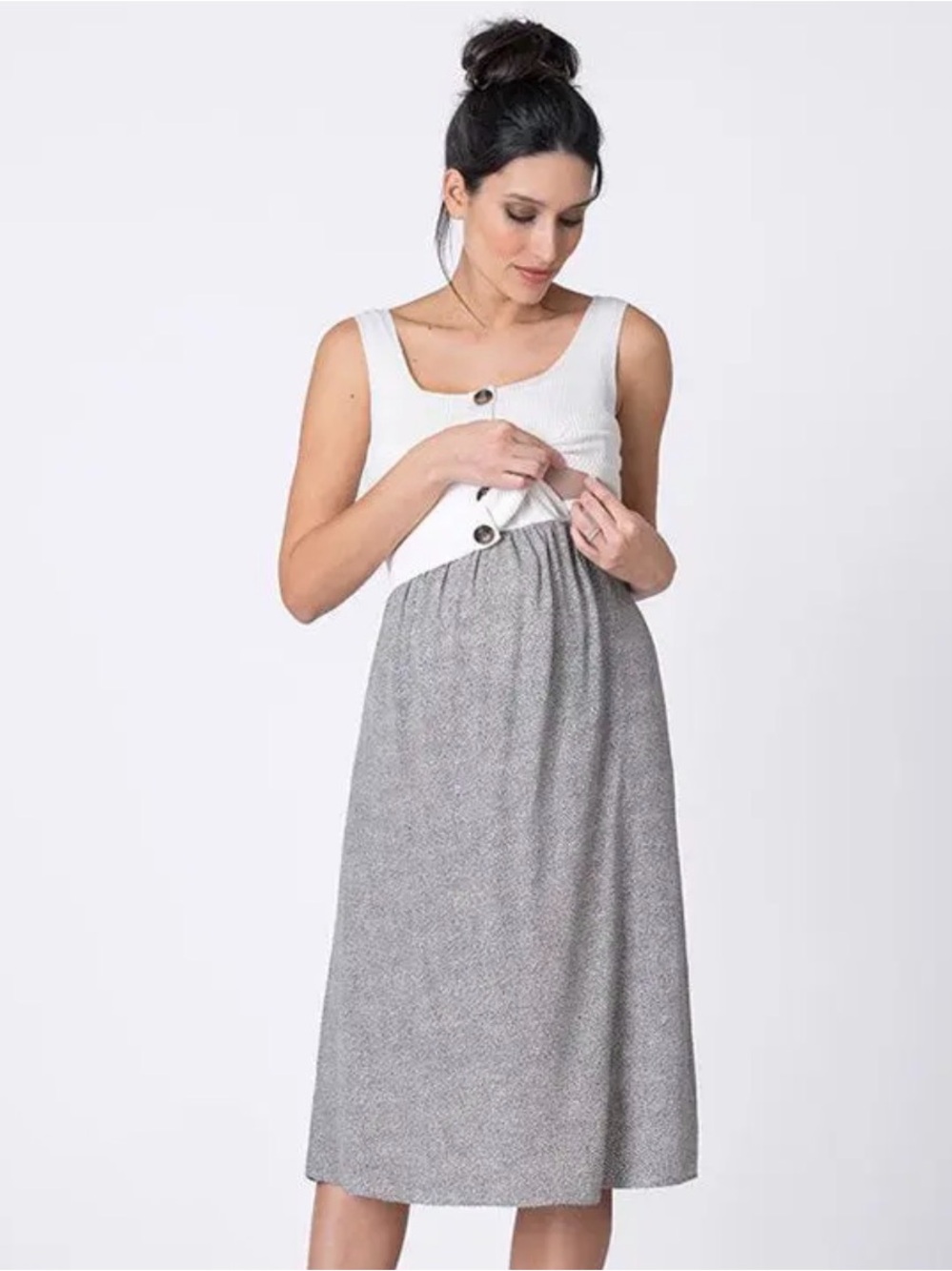 Seraphine White Ribbed Button Maxi Dress with Patterned Gray Skirt